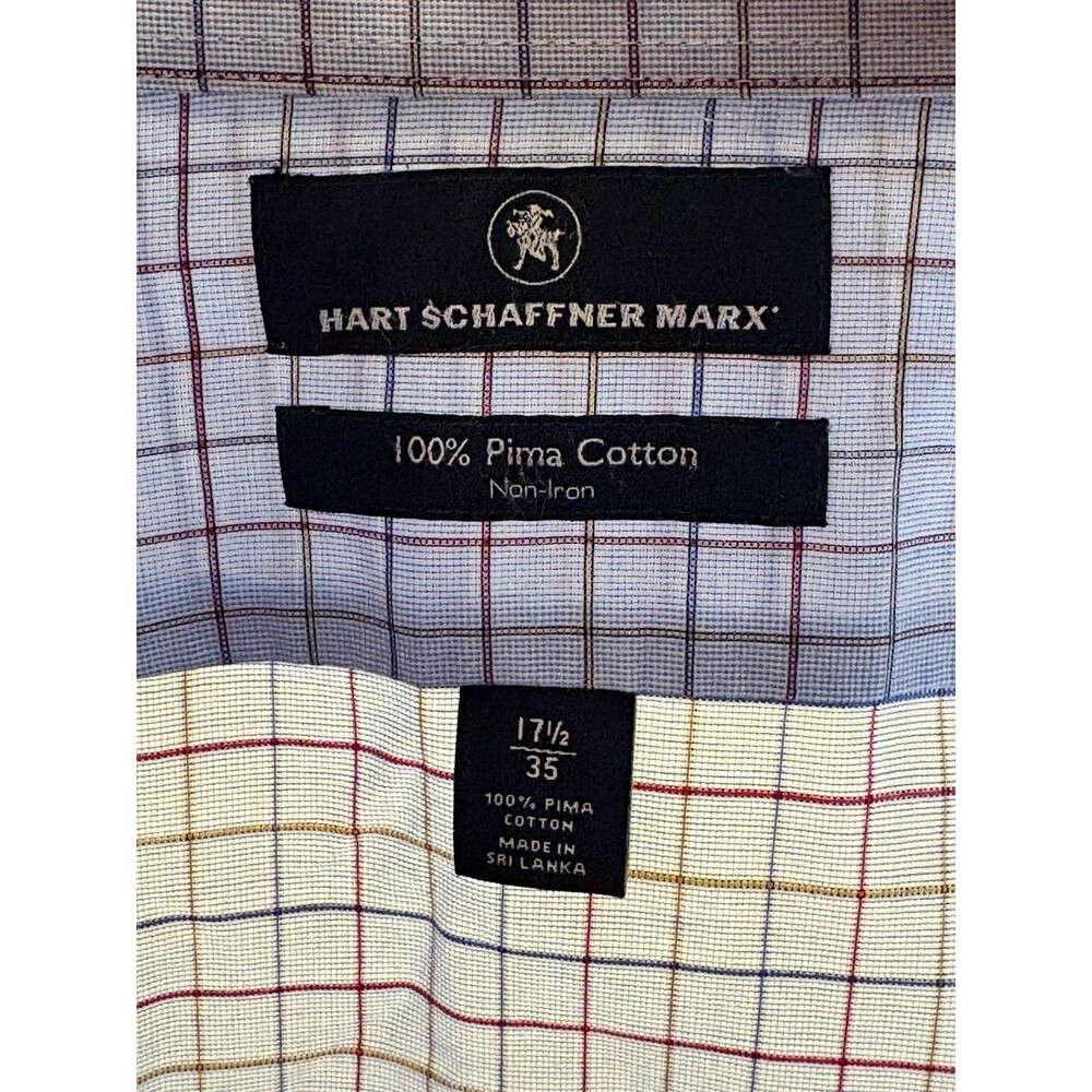 Hart Schaffner Marx Non-Iron Pima Cotton Blue Check Dress Shirt 17.5 35